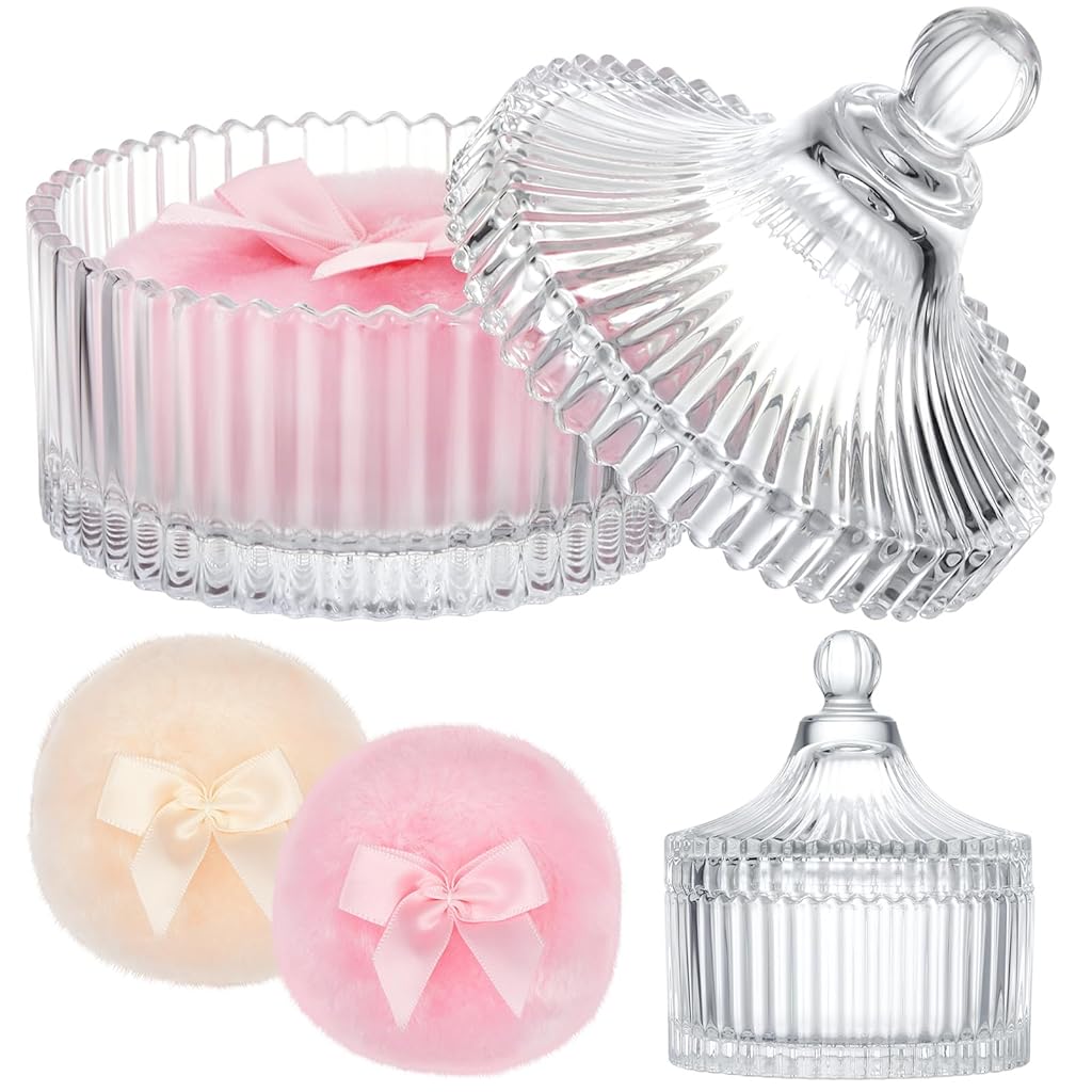 MAYCREATE® 3 Pcs Large Body Powder Puff and Container Powder Container with Puff Crystal Case Soft Washable Reusable Velour Face Body Glitter Wet Dry Makeup(Clear)