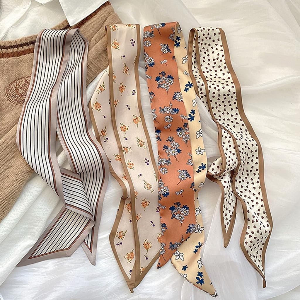 SANNIDHI Fashion Scarves for Women featuring 4pcs 34x2.5in Satin Twillies | Boho Hair and Bag Accessories