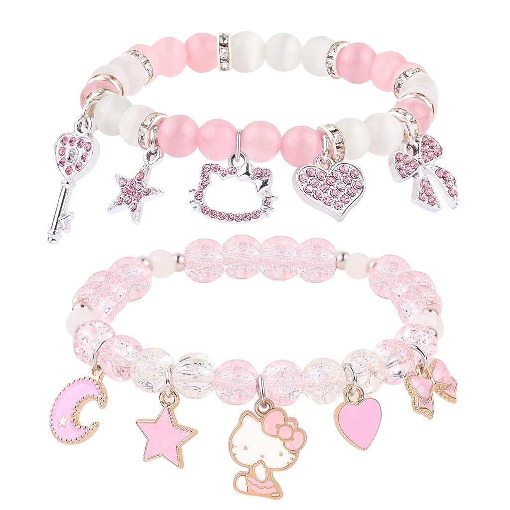 SANNIDHI® 2Pcs Girls Bracelets Friendship Bracelets Beaded Bracelets Kawaii Cartoon Pink Kitty Rhinestone Charm BFF Bracelets Bracelets Jewelry Gift for Girls, Sisters Children's Day Gift