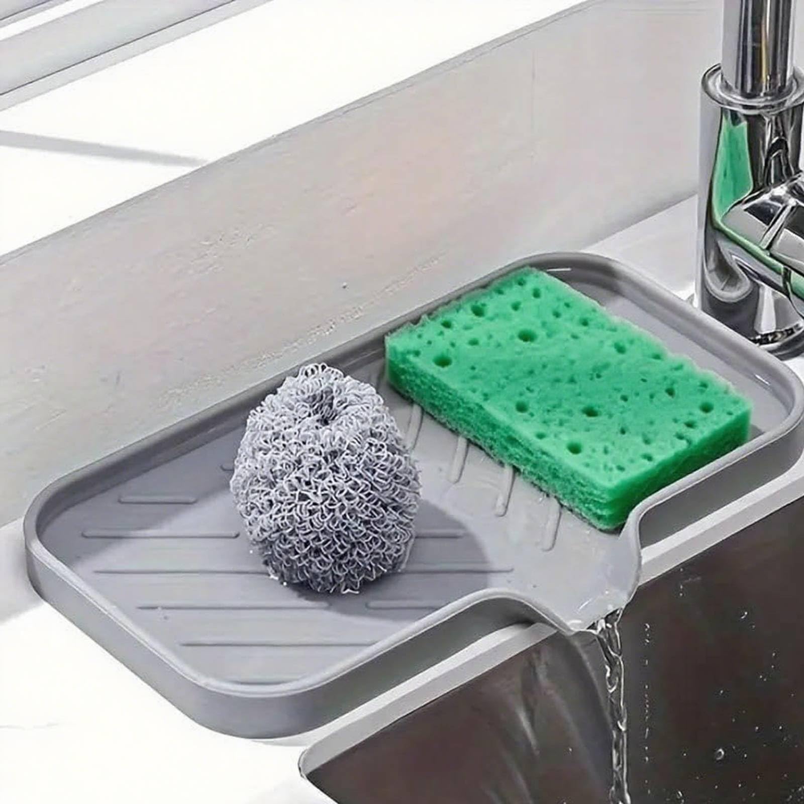 Supvox Silicone Kitchen Sink Organiser for Soap and Sponges with Grooved Drain Mat 9.6x5.3 in
