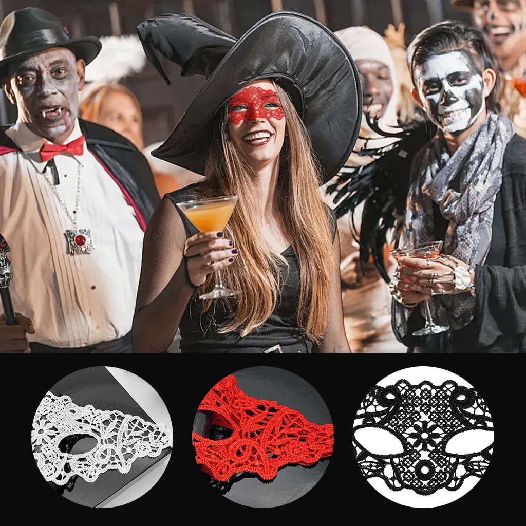 PATPAT Masquerade Mask for Women featuring Lace Floral Cutouts and Adjustable Tie-Back | 3 Pcs Set in Black White and Red