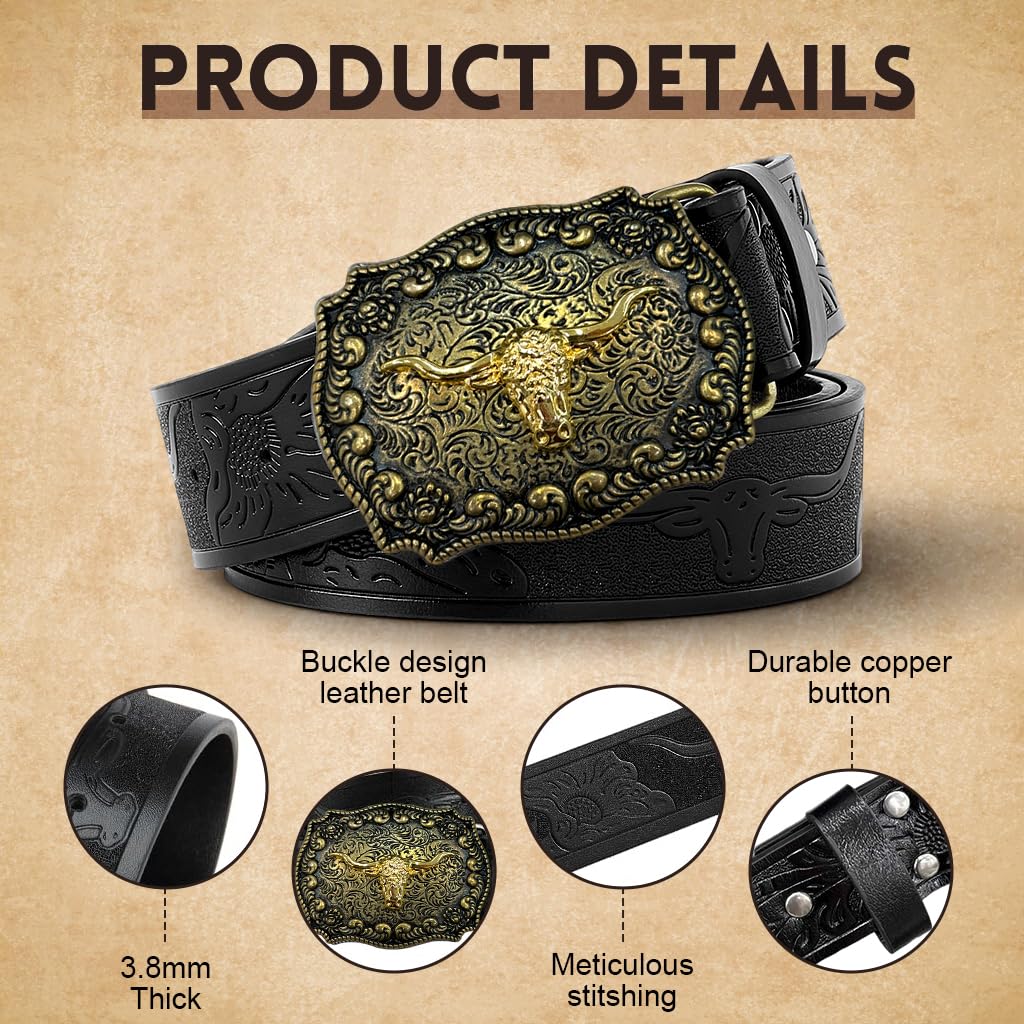 GUSTAVE Belts for Men with Embossed Bull Head Buckle and Pin Tuck Closure 120cm PU Leather