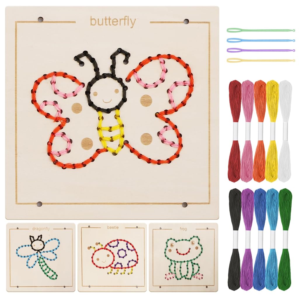 PATPAT® Montessori Wooden Lacing Toys for Kids Ages 2-7, Sewing Kit Threading Board Fine Motor Skills Activity, Transportation Theme Educational Toy with 4 Templates, 10 Colorful Yarns, 4 Needles