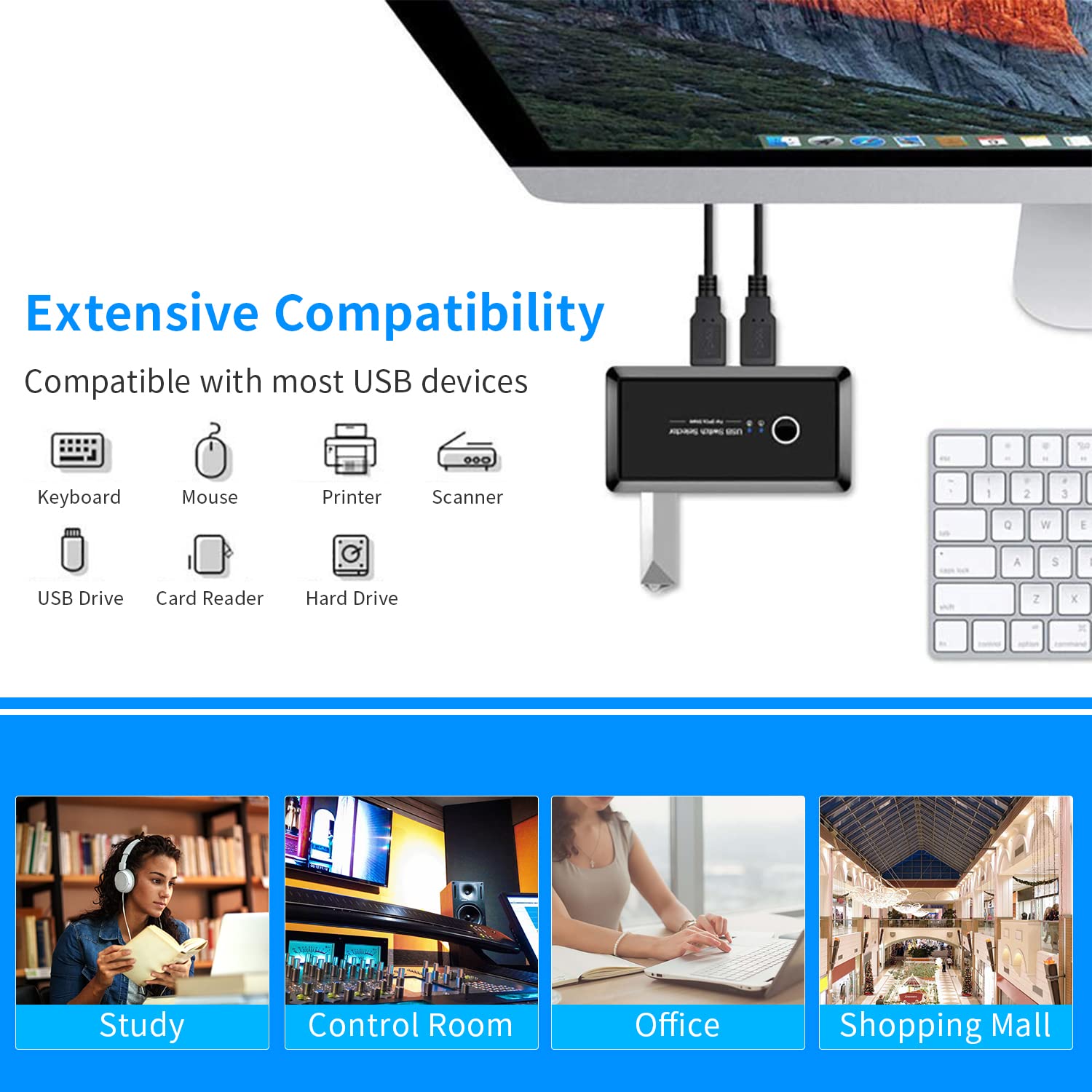 Verilux USB 3.0 KVM Switch Hub Adapter 2 Computers Sharing 4 USB Devices KVM Switch Hub Adapter for Keyboard Mouse Printer Scanner U-Disk, KVM Console Box Compatible with Mac/Windows/Linux