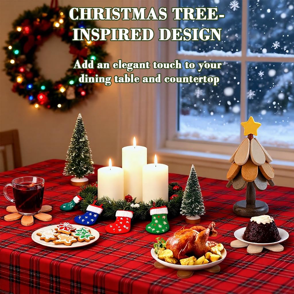 HASTHIP Wooden Coasters Set for Dining Table with Tree Shaped Holder and Rustic Floral Design | 3pcs Heat Resistant Cup Mats