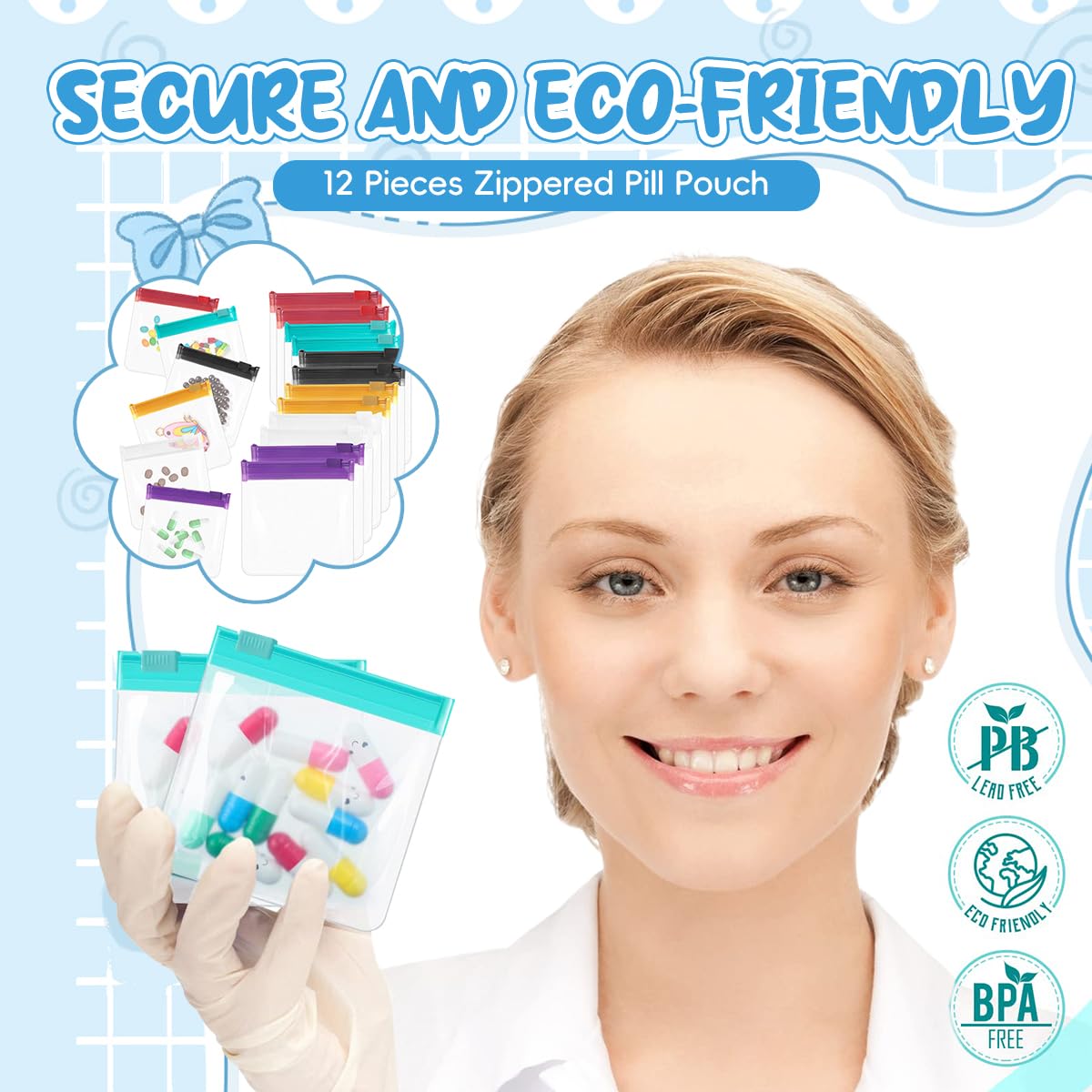 ZIBUYU Medicine Pouch for Travel 12 Pcs with Zip Lock Seal 7.6x7cm EVA Transparent Bags | Reusable Storage for Pills and Tablets