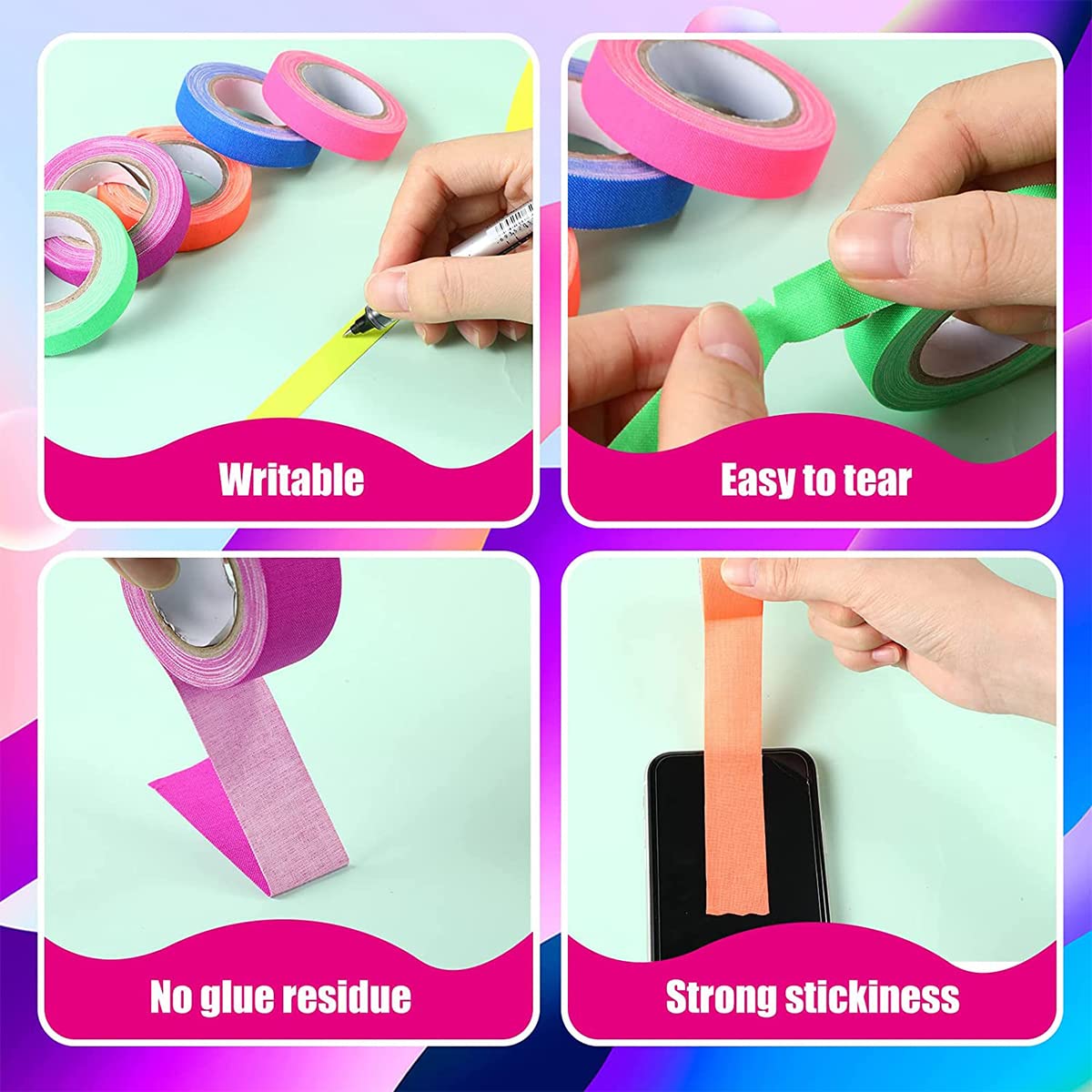 Hasthip Glow Tape for Party and DIY Crafts with Self Adhesive Cotton Fabric | 6 Colors 0.6 in x 16.5 ft