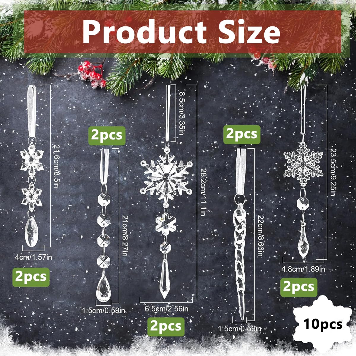 Venzina Crystal Acrylic Christmas Tree Ornaments for Holiday Décor with 10 Snowflake & Icicle Designs
