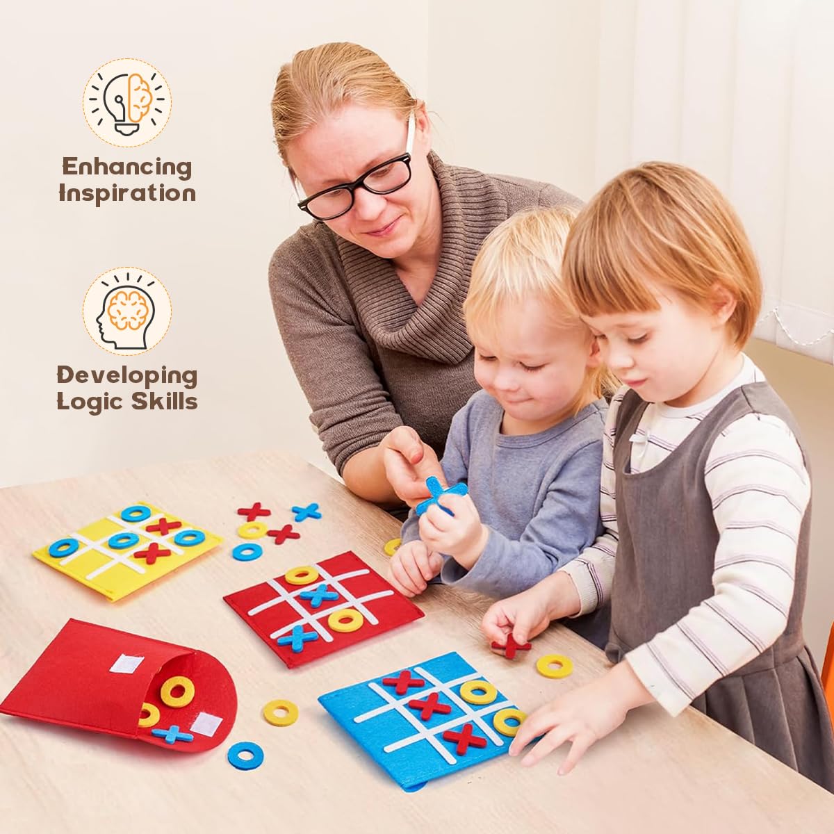 PATPAT Felt Tic Tac Toe Game for Kids with 6 Color Pieces and Storage Pouch | Travel Toy