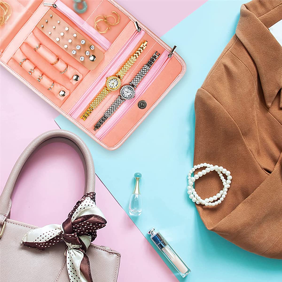 MAYCREATE Travel Jewelry Organizer for Earrings and Necklaces with 43×23.5 cm Foldable Design | Pink PU Leather Storage Bag