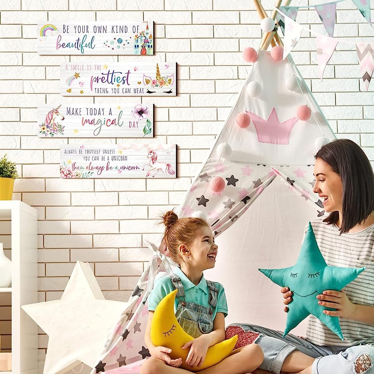 HASTHIP Unicorn Rainbow Wall Decor for Living Room with Dual Hooks and 4 Wooden Boards | Kids and Girls Bedroom Art 11.8 x 3.9 in