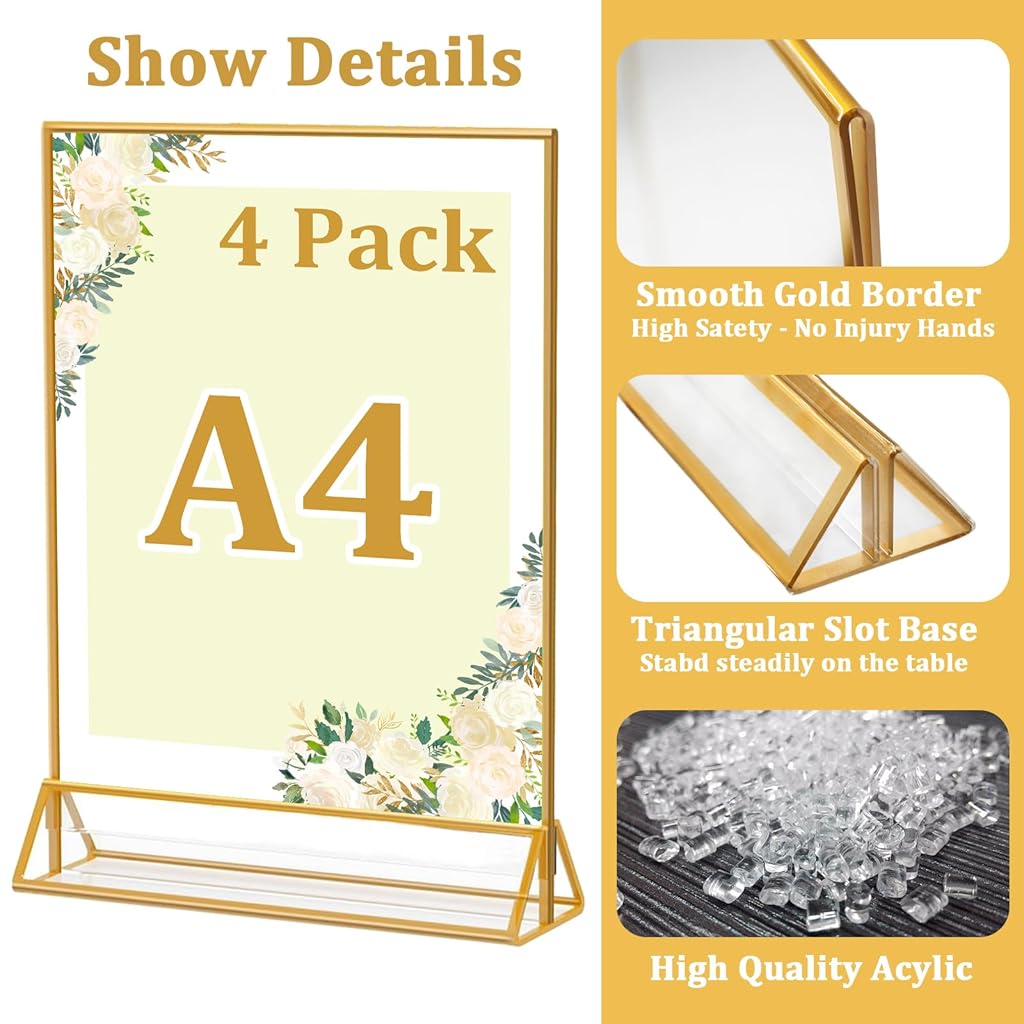 Climberty® 4Pcs Acrylic Sign Holders A4-Sized Golden Framed Sign Holder Double-sided Clear Advertising Flyers Display Stand Table Menu Holders