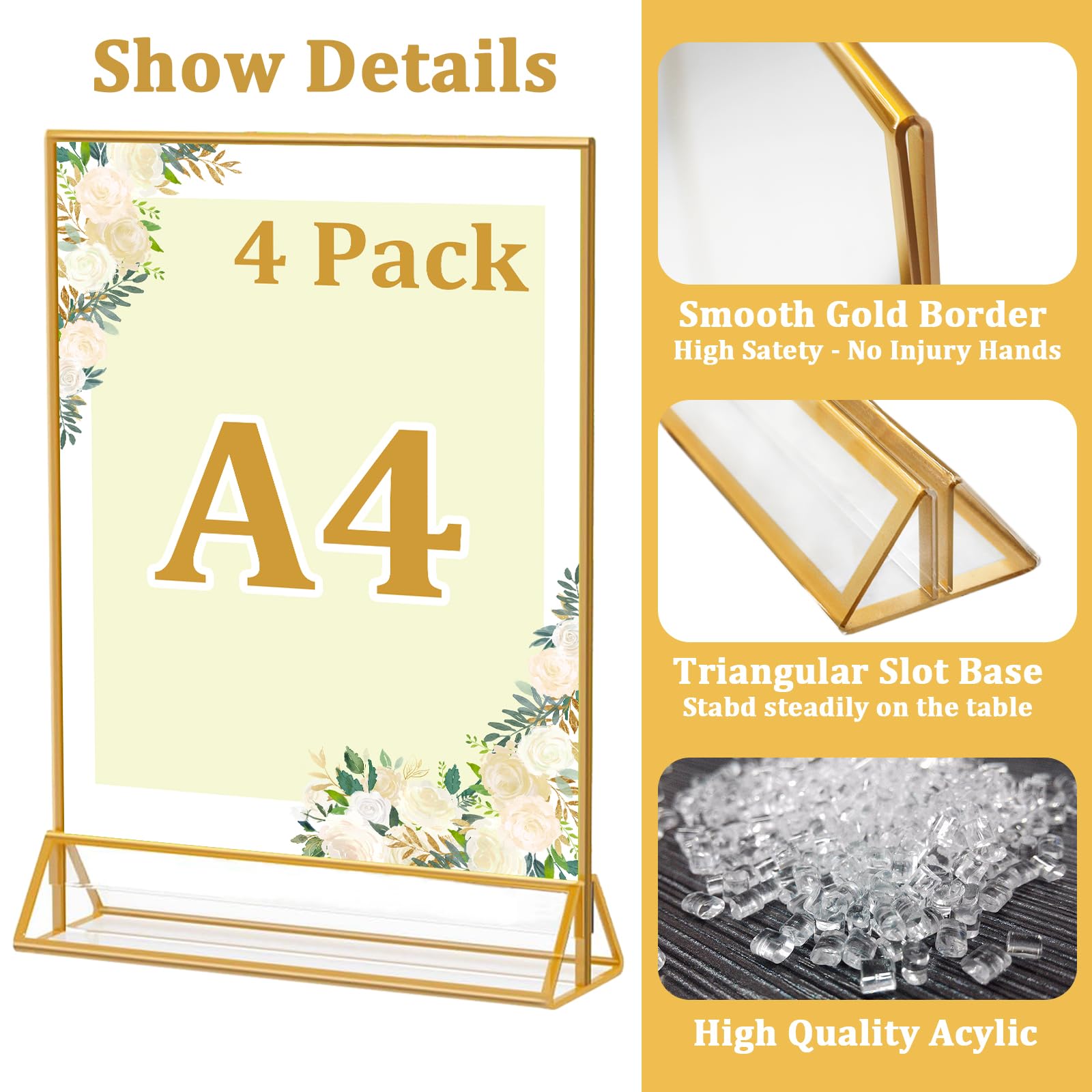 Climberty Acrylic Sign Holders for Table Menus with Stable Base 8pcs A4 Golden Frame | Clear Double Sided Display