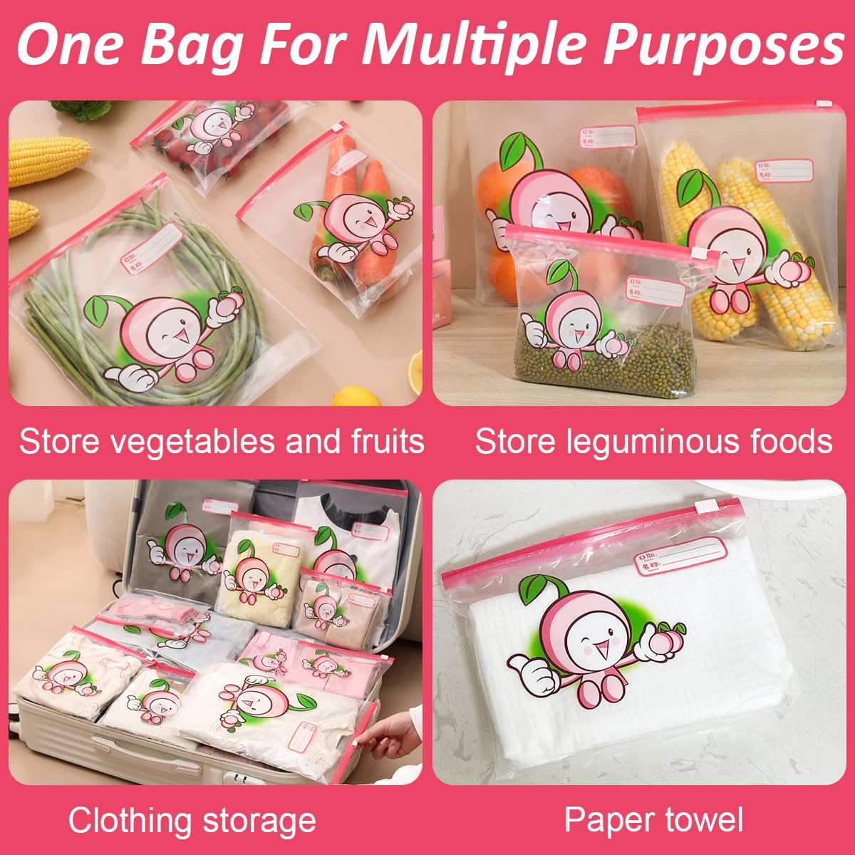 HASTHIP Food Storage Bags 40pcs for Freezer and Snacks featuring Double Sealing Strips & Date Label