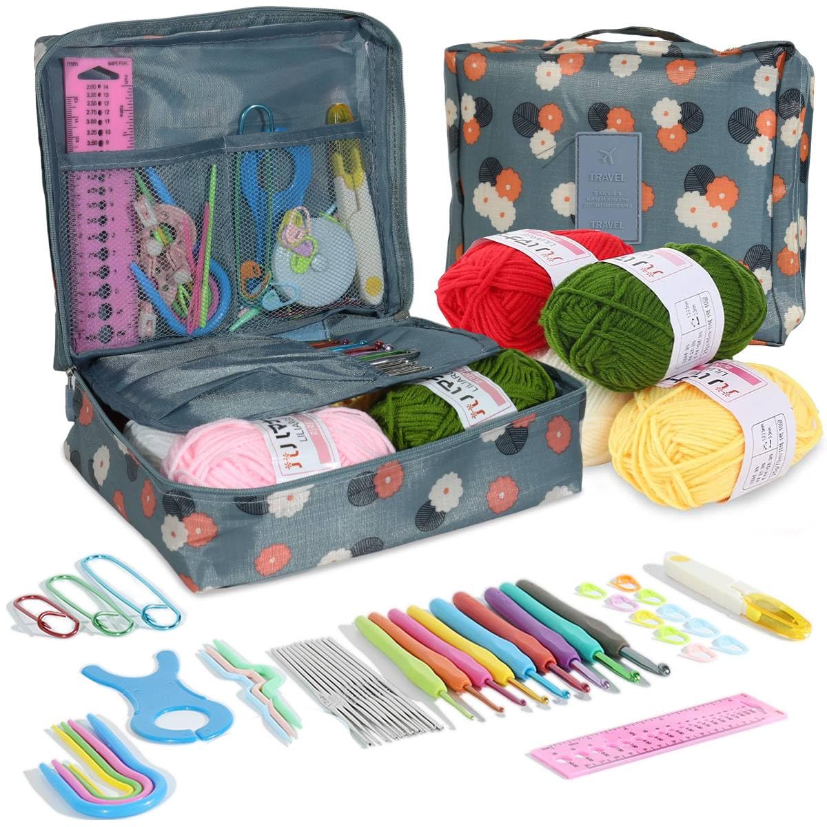 HASTHIP® Crochet Needle Kit 107Pcs Crochet Knitting Needle Kit with Carry Bag DIY Crochet Needle Kit with Tools & Accessories Comprehensive Crochet Needle Kit for Beginners & Professionals