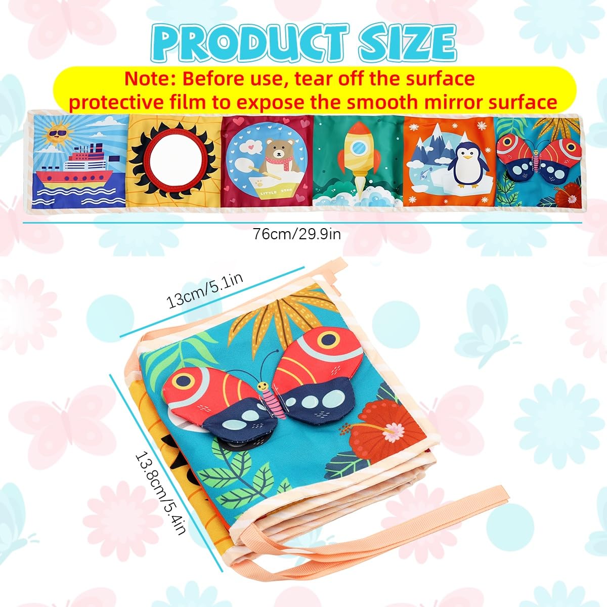 SNOWIE SOFT Butterfly Cloth Book for Baby with Mirror and 3D Sensory Elements 78x14cm | Washable Visual Stimulation Toy