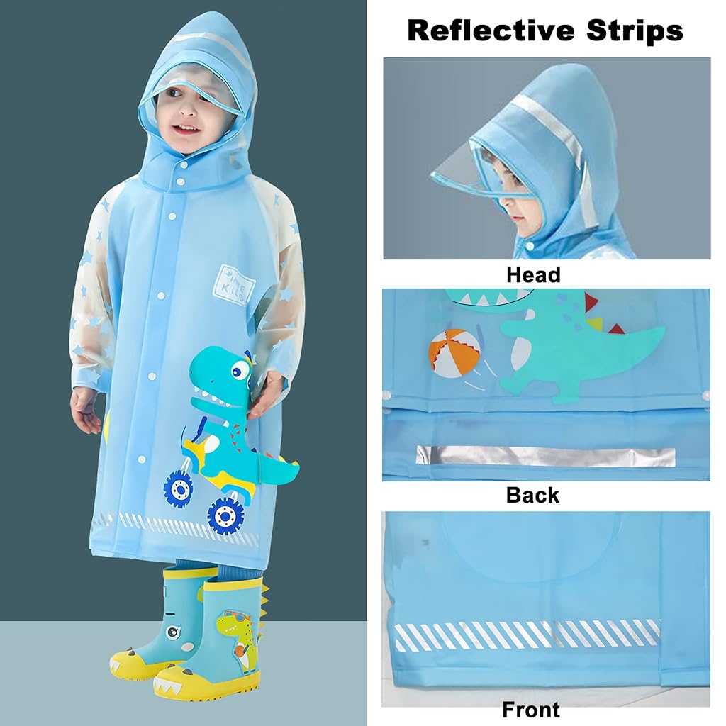SNOWIE SOFT® Kids Raincoats for Girls Boys Waterproof Rain Jacket Cartoon Dinosaur Children Toddler Rain Wear Children Rain Poncho 2XL Size 7-9 Years Recommended Height 130-145CM 2 PCS