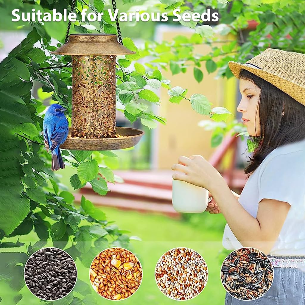 HASTHIP® Solar Bird Feeder Garden Bird Feeder Lantern Outdoor Waterproof Hanging Bird Feeder Metal Hollowed Out Warm Light Bird Feeder for Garden, Patio