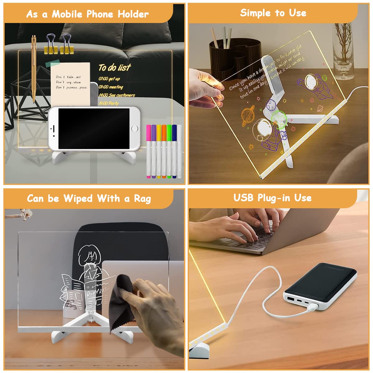 Climberty 3D Acrylic Writing Board for Messages and Schedules with 7 Color Pens 11.8 x 7.9 in | USB LED Light Up Rewritable Design