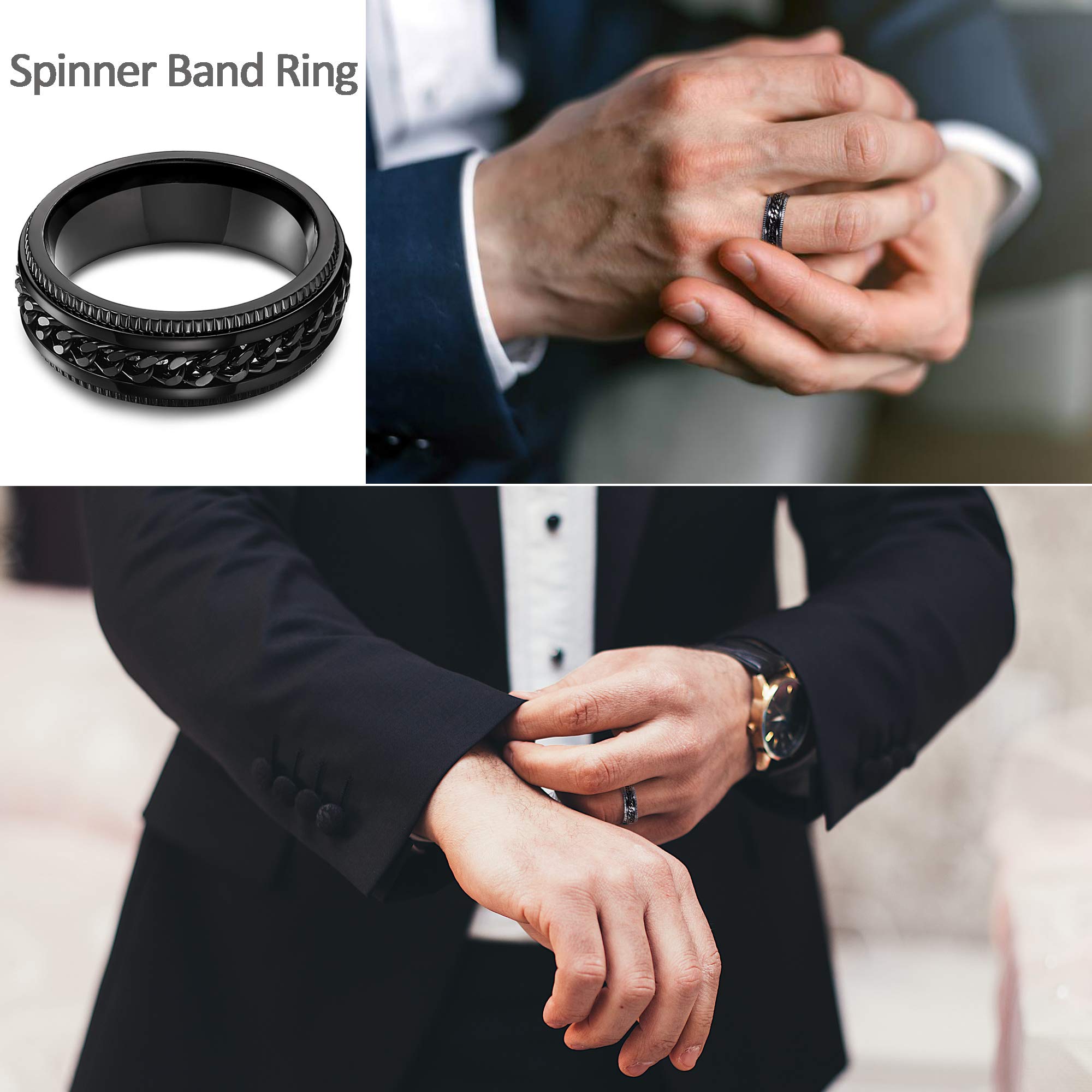 SANNIDHI Cuban Chain Ring for Index and Middle Finger featuring Rotatable Fidget Chain | 19mm 316L Stainless Steel Jewelry for Men and Women