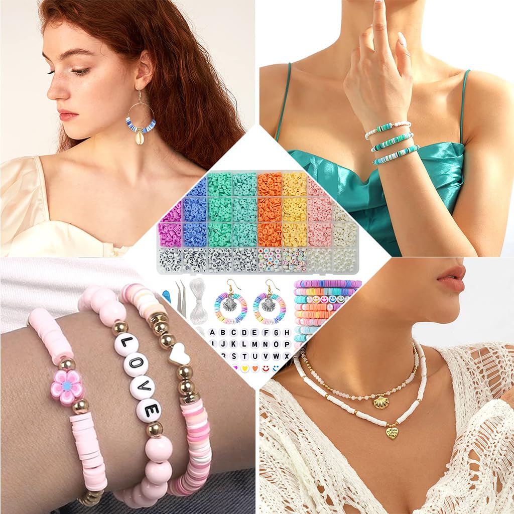 SANNIDHI 3860pcs Clay Beads Letter Beads Kit for Bracelet Making 8-Color Clay Beads Heart Smile Face Beads Spacer Beads DIY Jewelry Making Beads Kit with Scissors, Tweezer, Crystal Lines