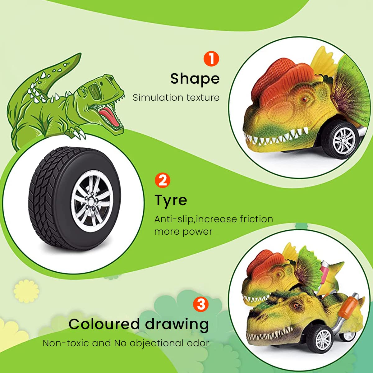 Patpat Kids Dinosaur Pull Back Car Toys 6Pcs with Colorful 3–4in Cars for Boys & Girls | Fun Gift