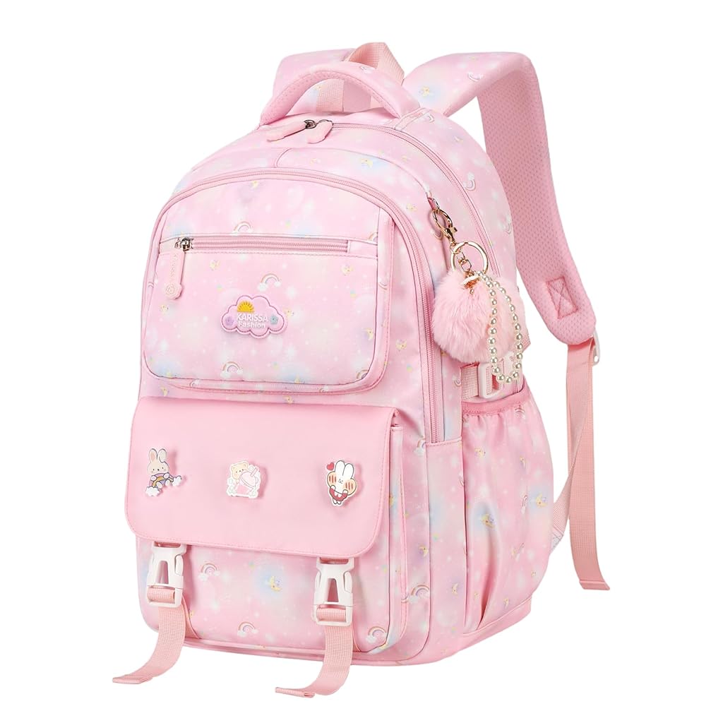 PALAY® School Backpack for Girls Cute Pink Cartoon Print Backpack Schoolgirls Travel Backpack 15.6 inches Waterproof Oxford Cloth Multi Compartment Backpack Birthday Gift Christmas Gift for Girls