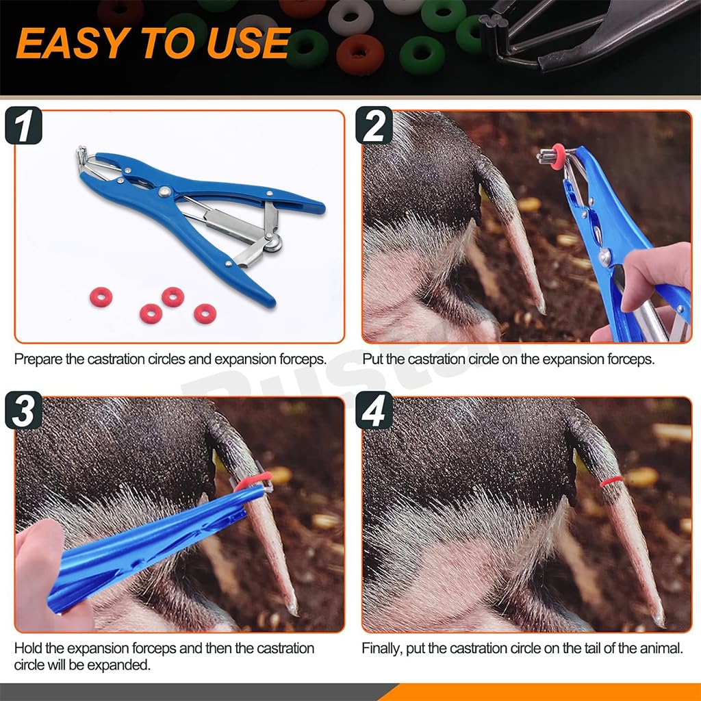 HASTHIP Livestock Castration Bander Tool with 200 pcs Rings for Lambs and Piglets | Tail Cutting Pliers
