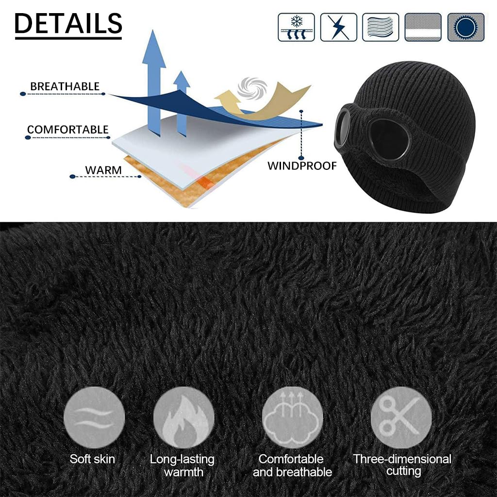 PALAY Winter Hat Knitted Beanie for Outdoor Riding featuring Built In Goggles | Black