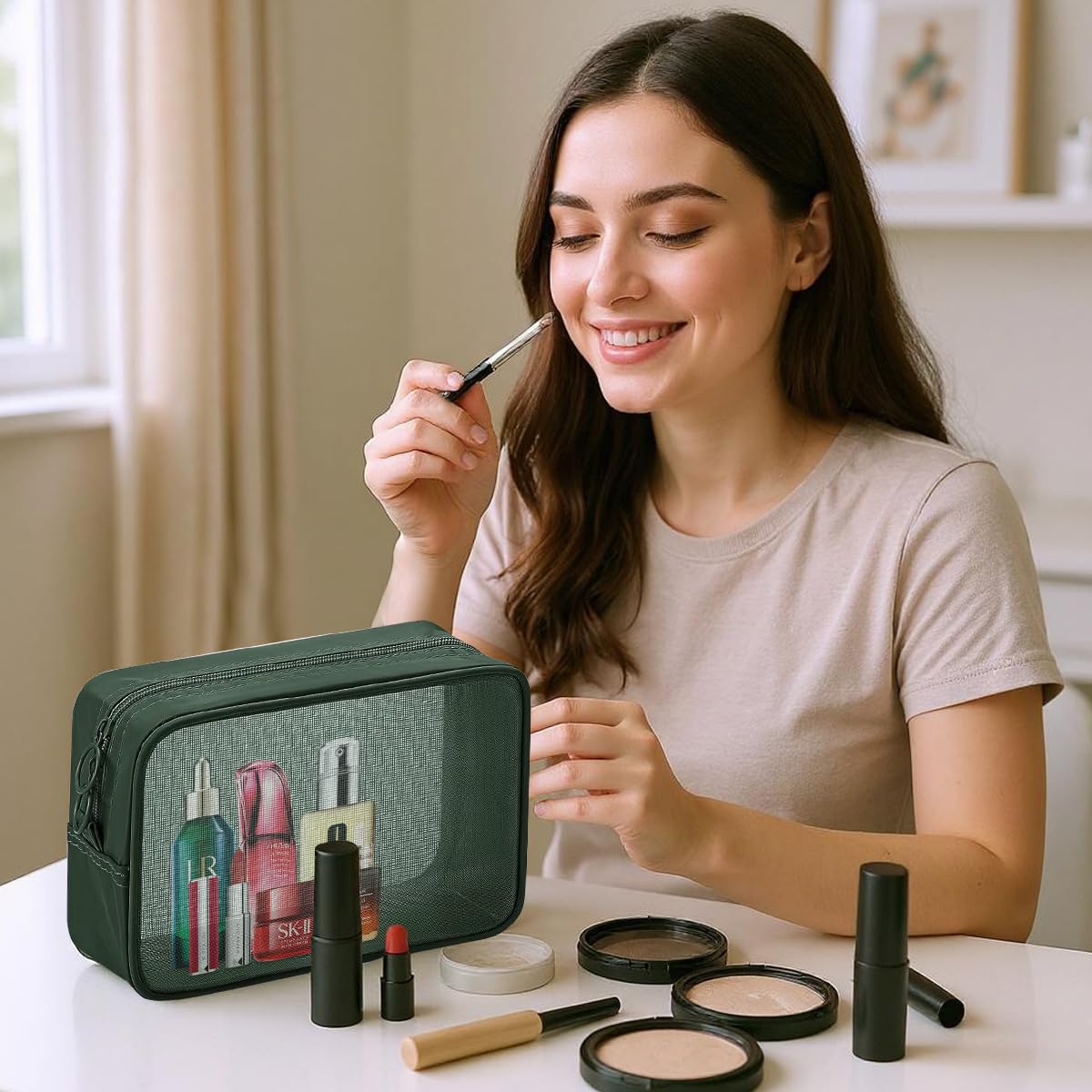 MAYCREATE Makeup Organizer Bag for Travel and Daily Use featuring 4 Sizes Mesh Pouches | Green Zipper Cosmetic Bags