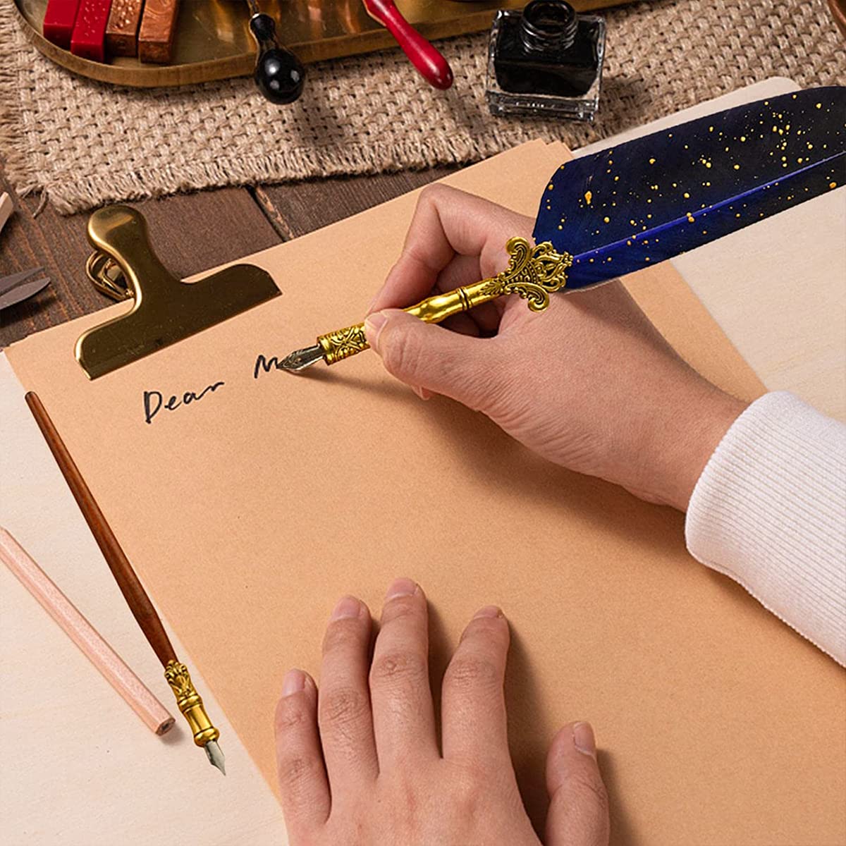 HASTHIP Feather Pen Set for Calligraphy with 6 Ink Bottles and 18 Nibs | Wax Seal Stamp Kit