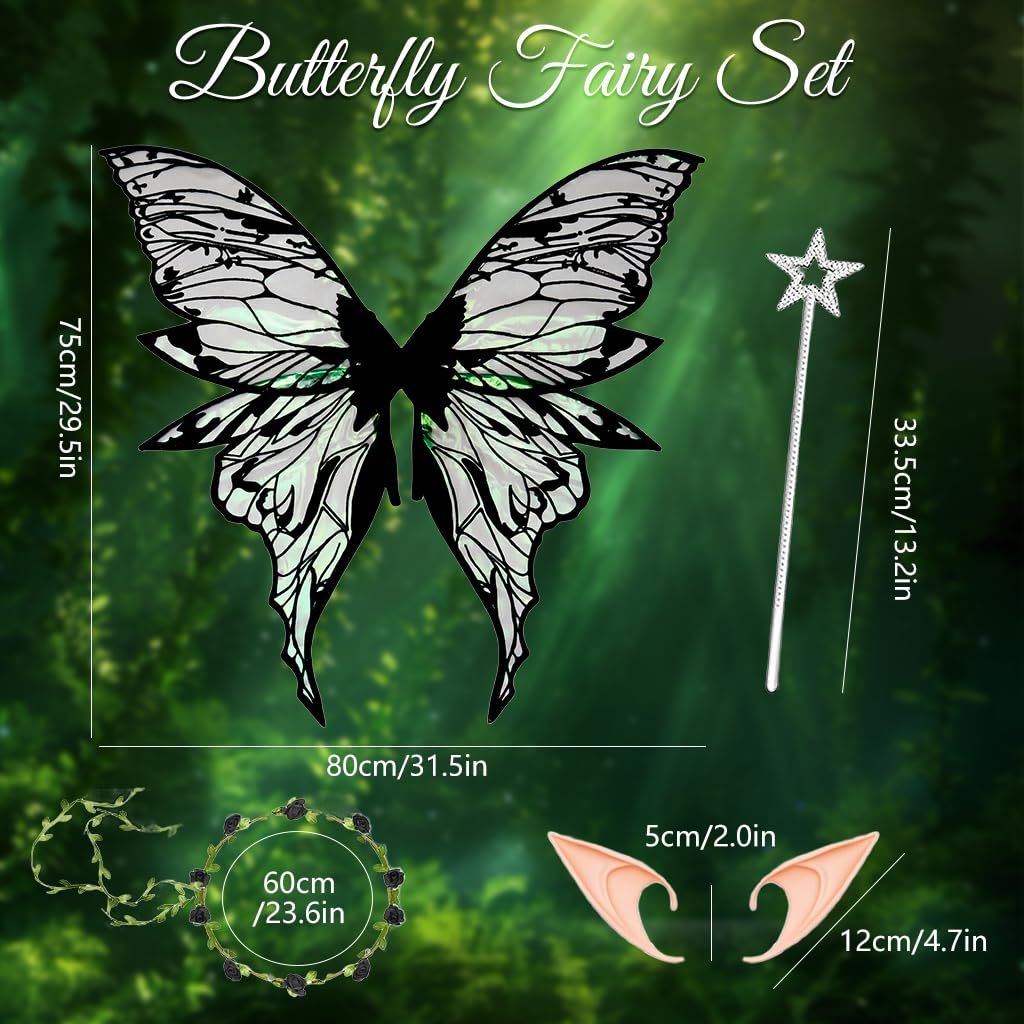 PATPAT Butterfly Wings Costume for Parties featuring 80x75cm Strap Design & Elf Ears | Iridescent Fairy Set