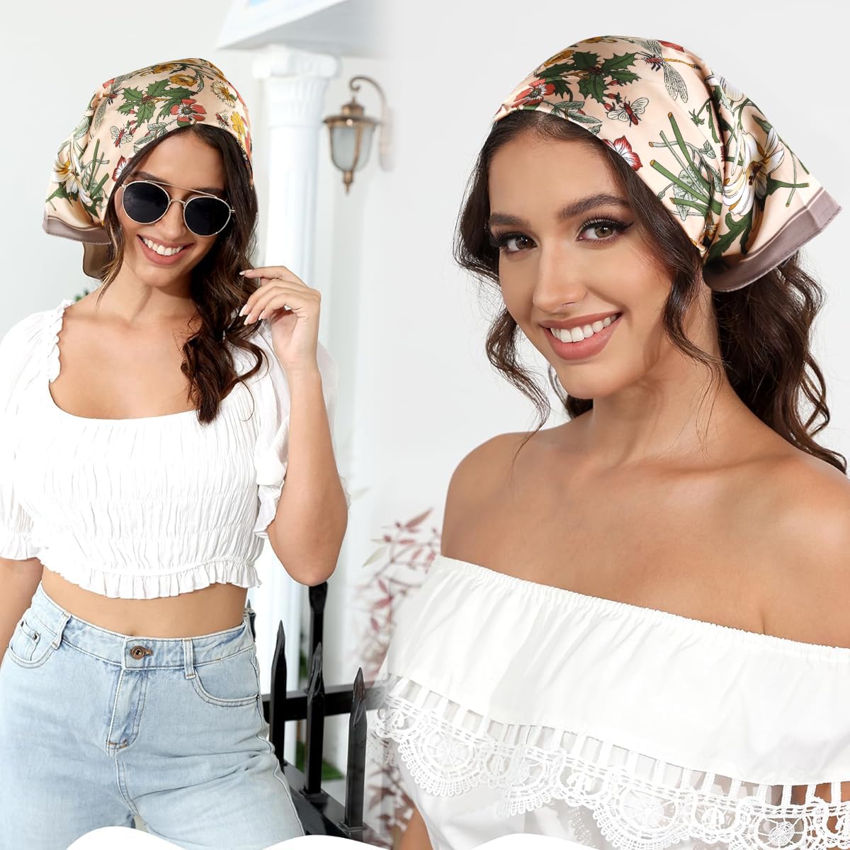 SANNIDHI Hair Scarf for Women featuring 27x27 in Silk-like Satin & Floral Print | Pack of 4