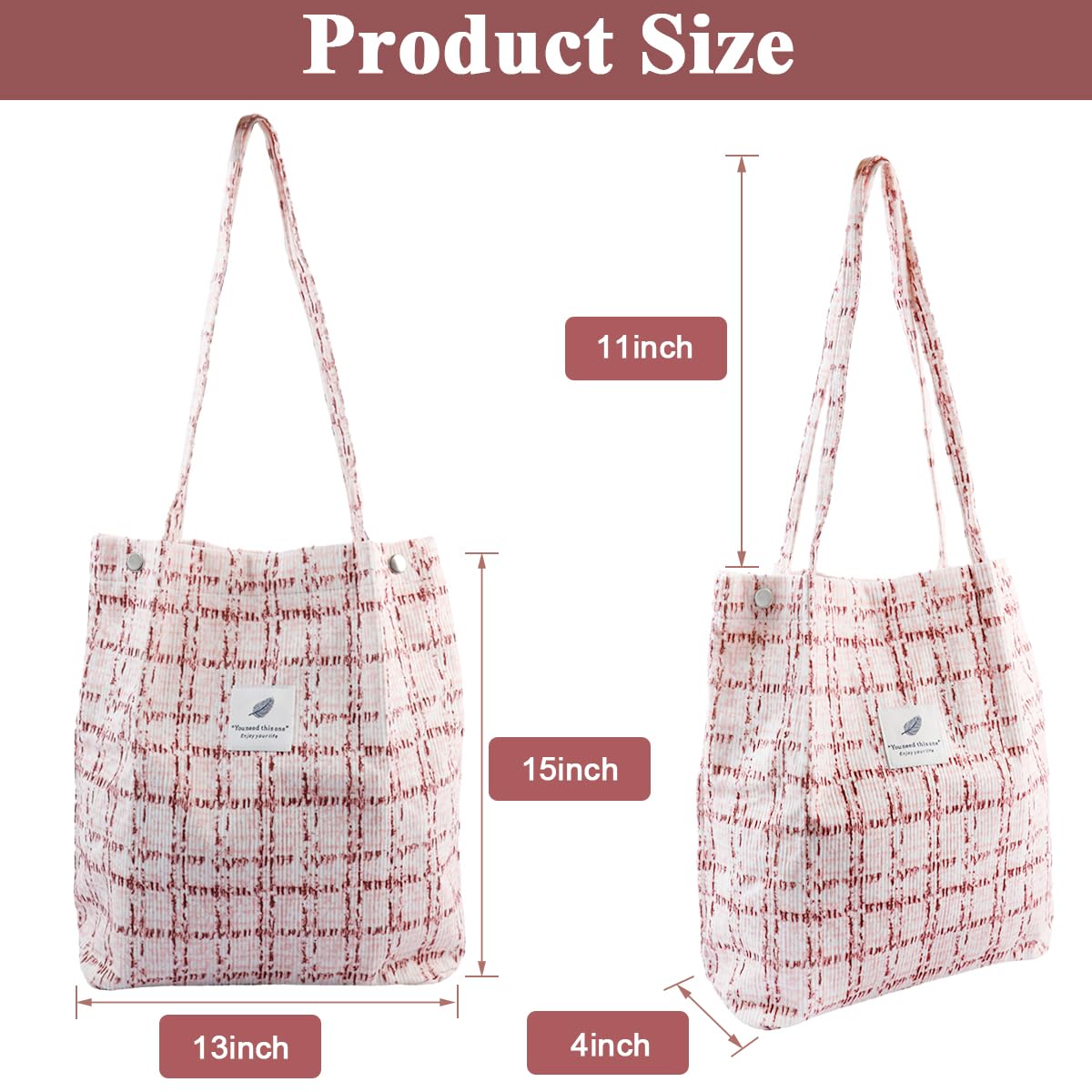 PALAY® Tote Bag Pink Print Corduroy Solid Color Hand Bag for Women Shoulder Bag for Shopping, Commuting, Shopping Bag, Large Grocery Bag