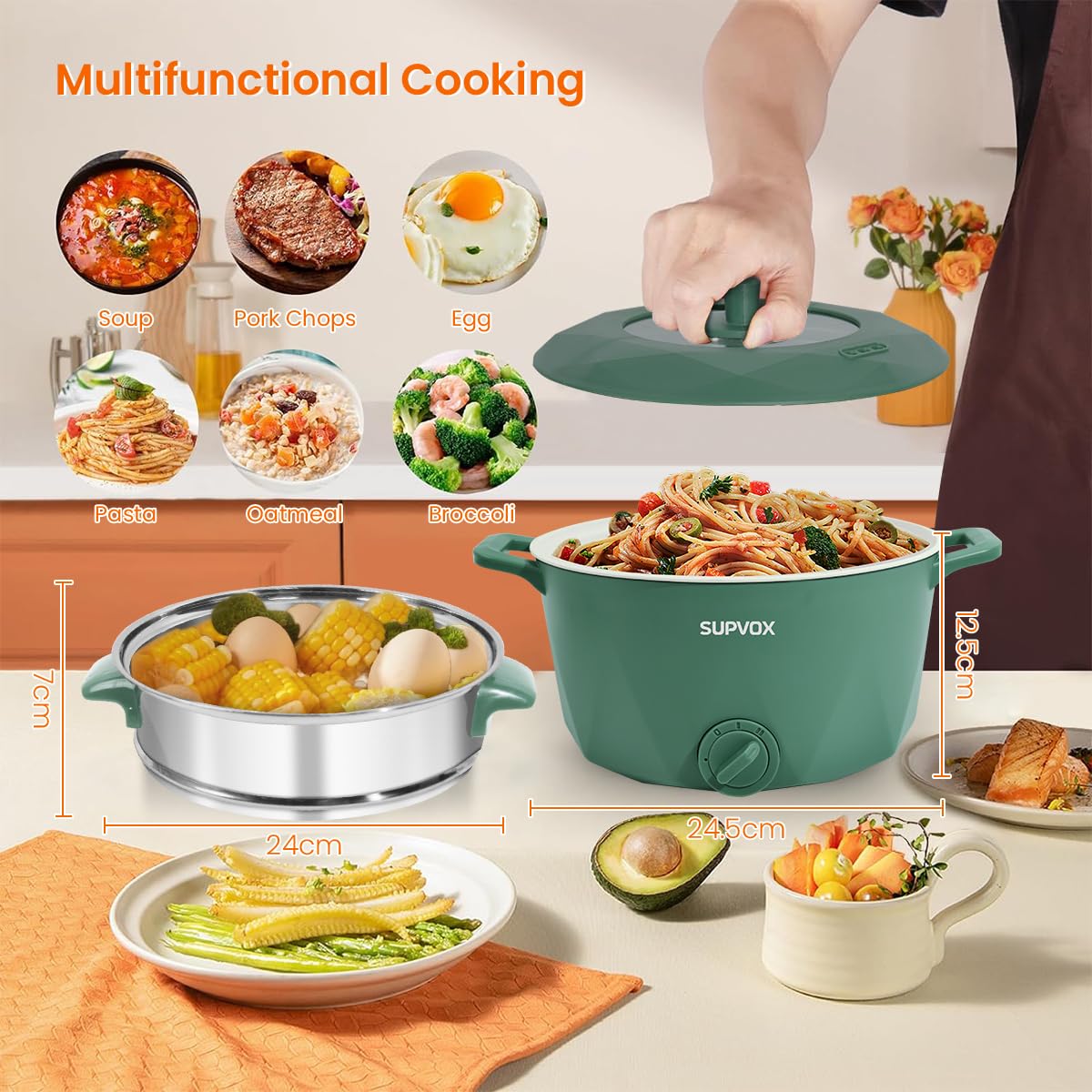 Supvox Electric Pot for Multi‑Meal Cooking with Adjustable Power | 3 L 24 cm Nano Ceramic Non‑Stick
