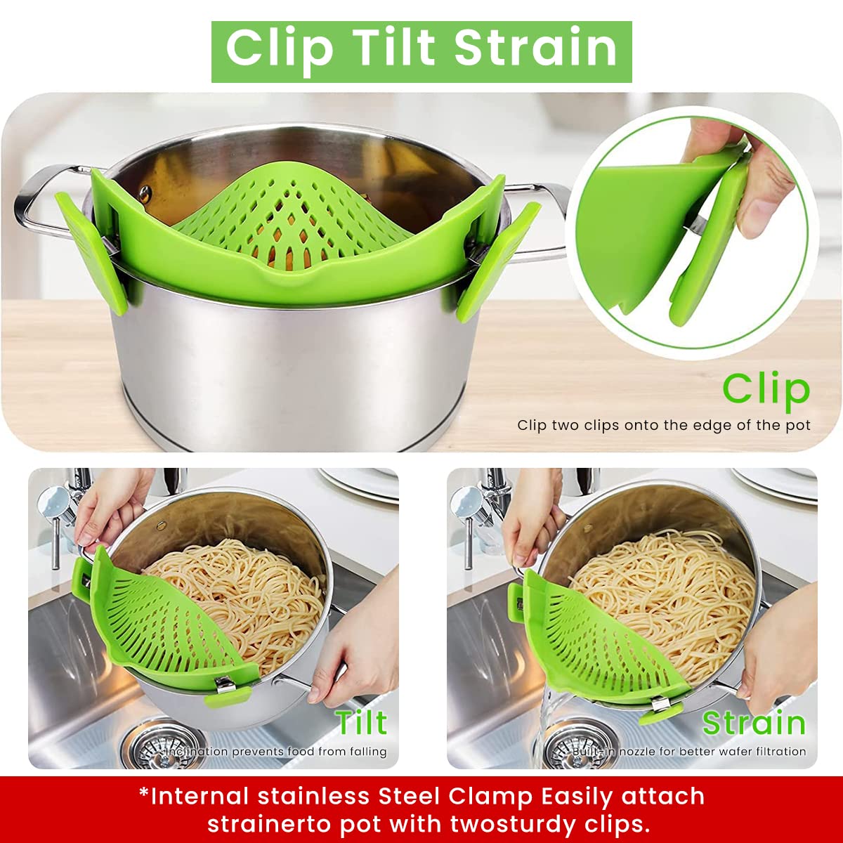 HASTHIP Clip On Pasta Strainer for Spaghetti and Vegetables featuring Dual Clamp Design | Heat Resistant Food Grade Silicone Kitchen Drainer