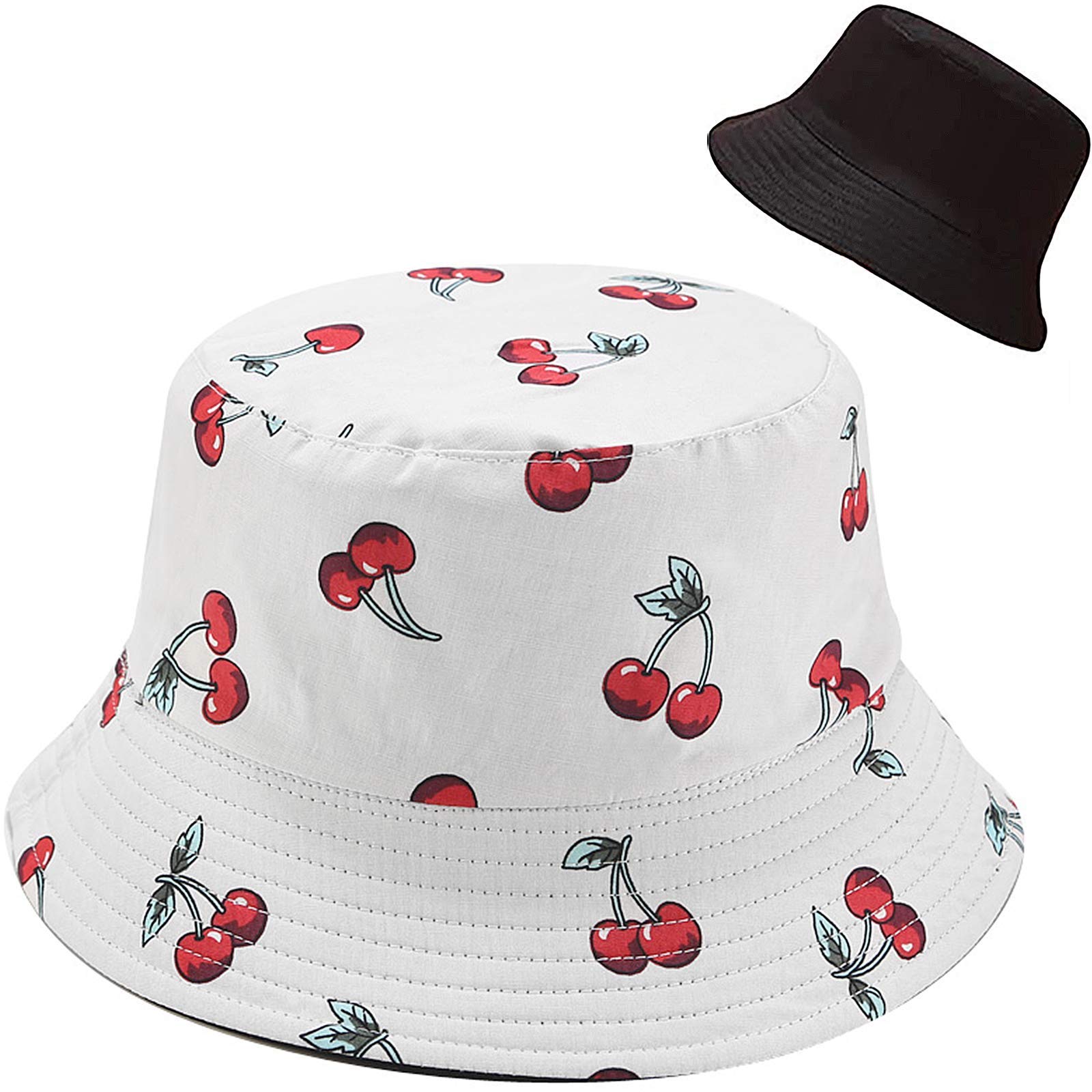 PALAY Bucket Hat for Women Cotton with Cherry Print Reversible Summer Sun Fisherman Outdoor Cap Beach Hat for Girls Teens