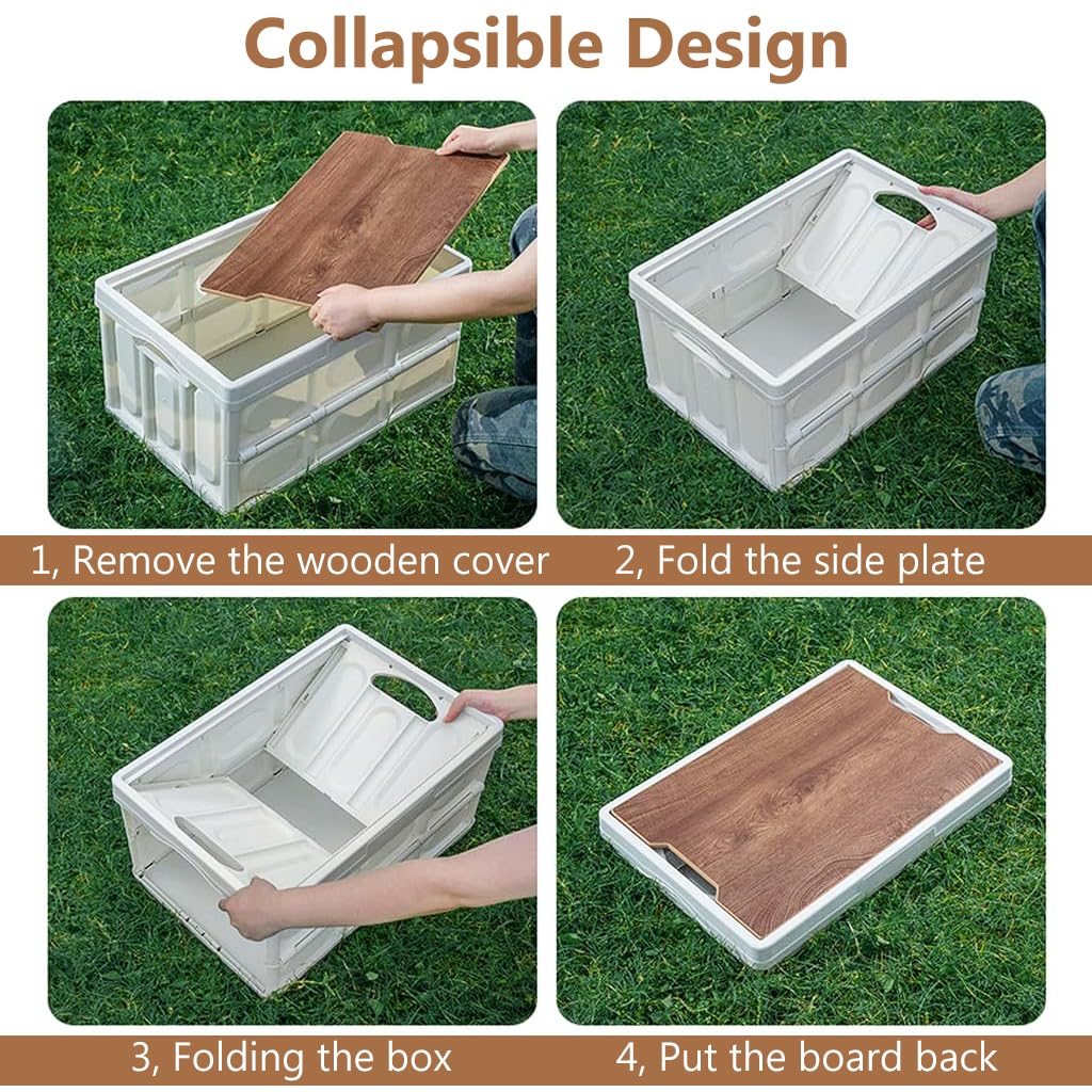 Proberos Camping Storage Box for Outdoor and Car with 30L Capacity and Detachable Wooden Lid | Eco-Friendly PP Organiser