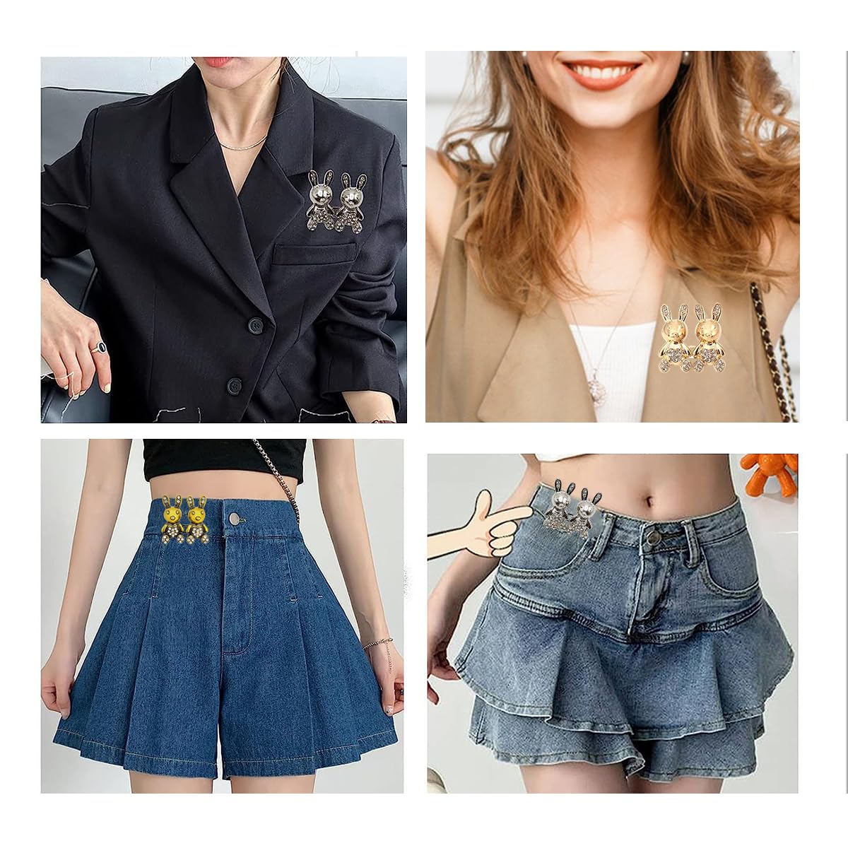 Venzina Adjustable Waist Buckle for Jeans and Pants featuring Detachable Alloy Pins | 4 Sets Cute Rabbit Rhinestone Design