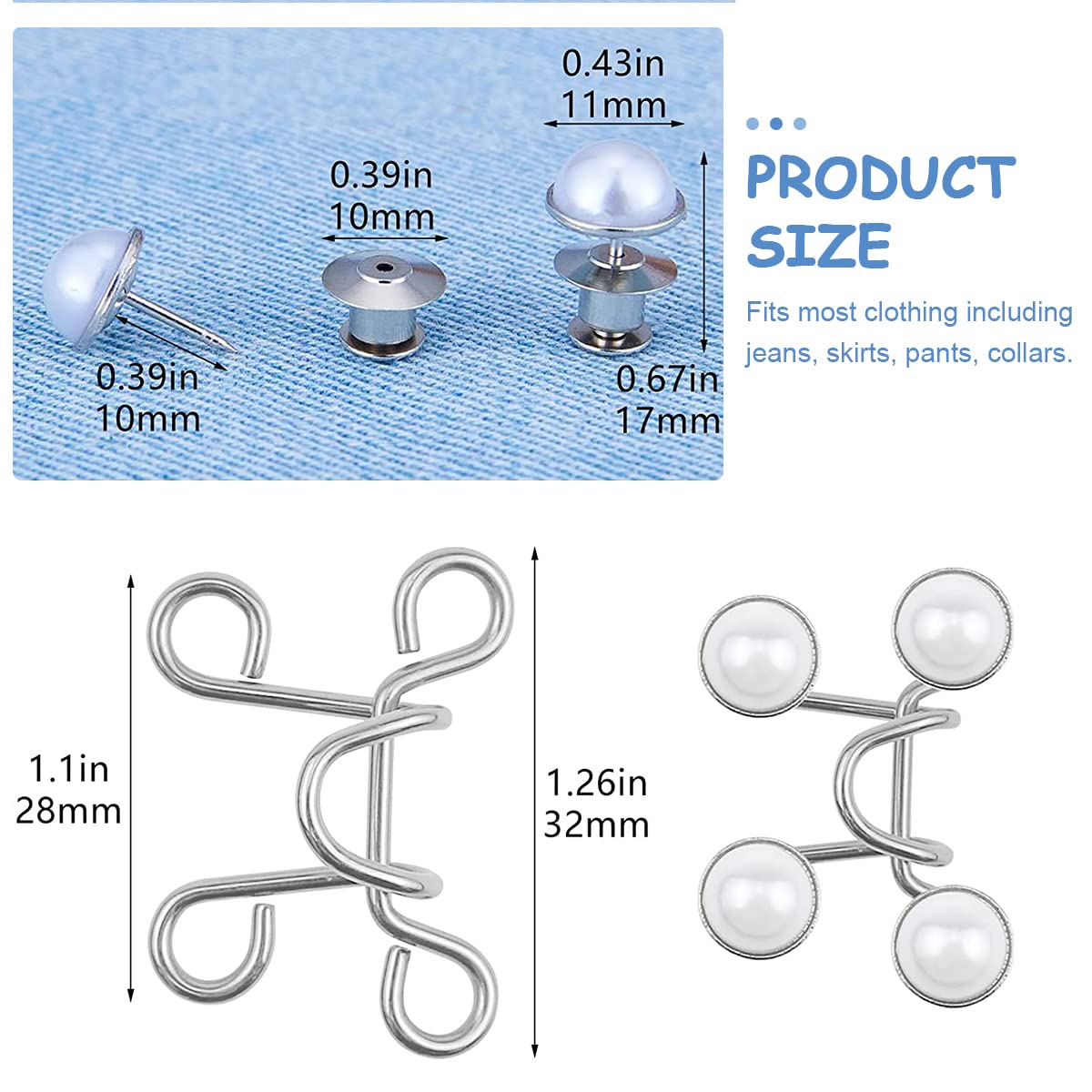 SANNIDHI Jeans Tightening Clips for Waist Fit featuring Pearl Hooks 4 Pairs | Adjustable Metal Buckles