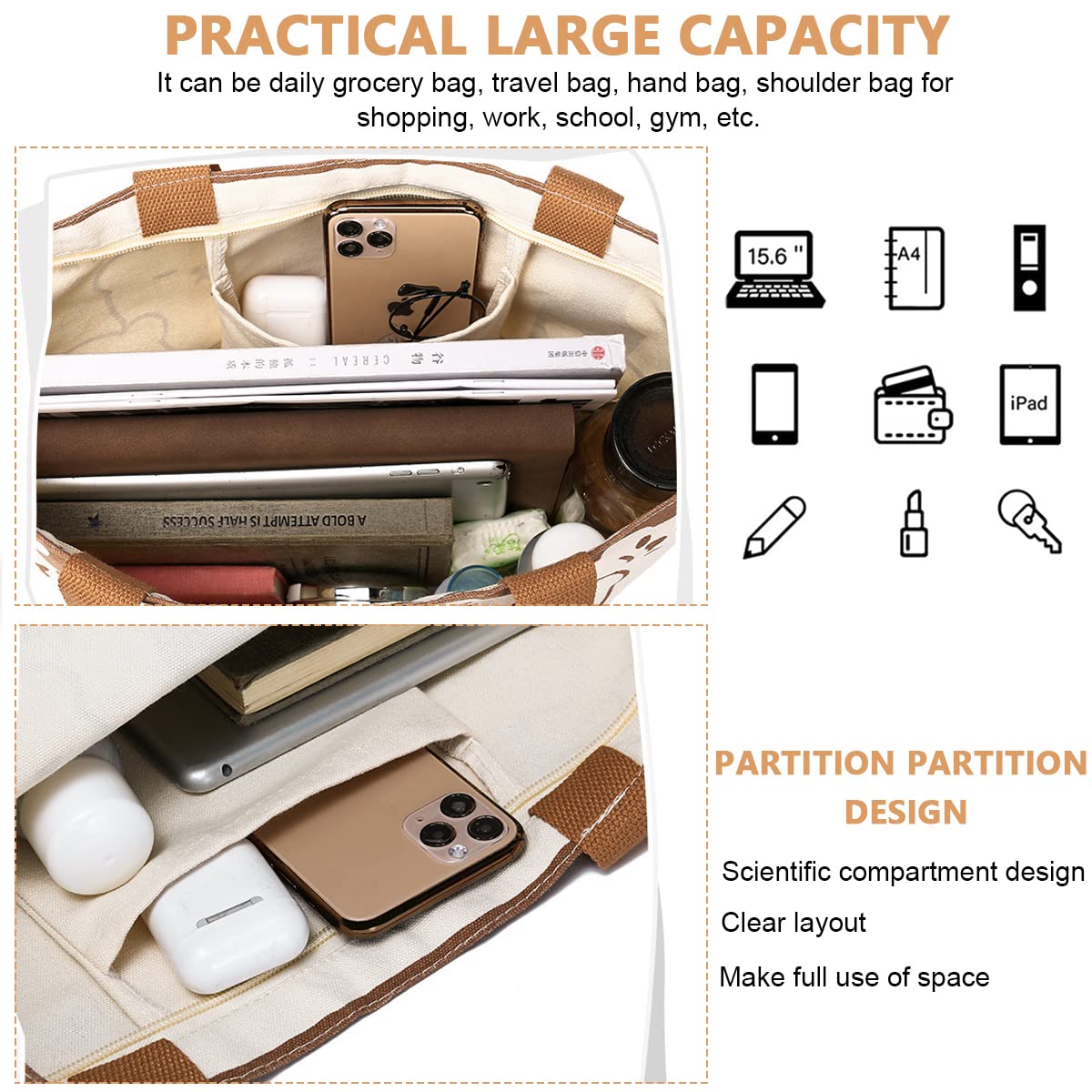 Venzina Tote Bag for Women with 40×35×6cm Capacity featuring Double Lining Canvas | Cute Cartoon Bear Print for Shopping and Daily Use