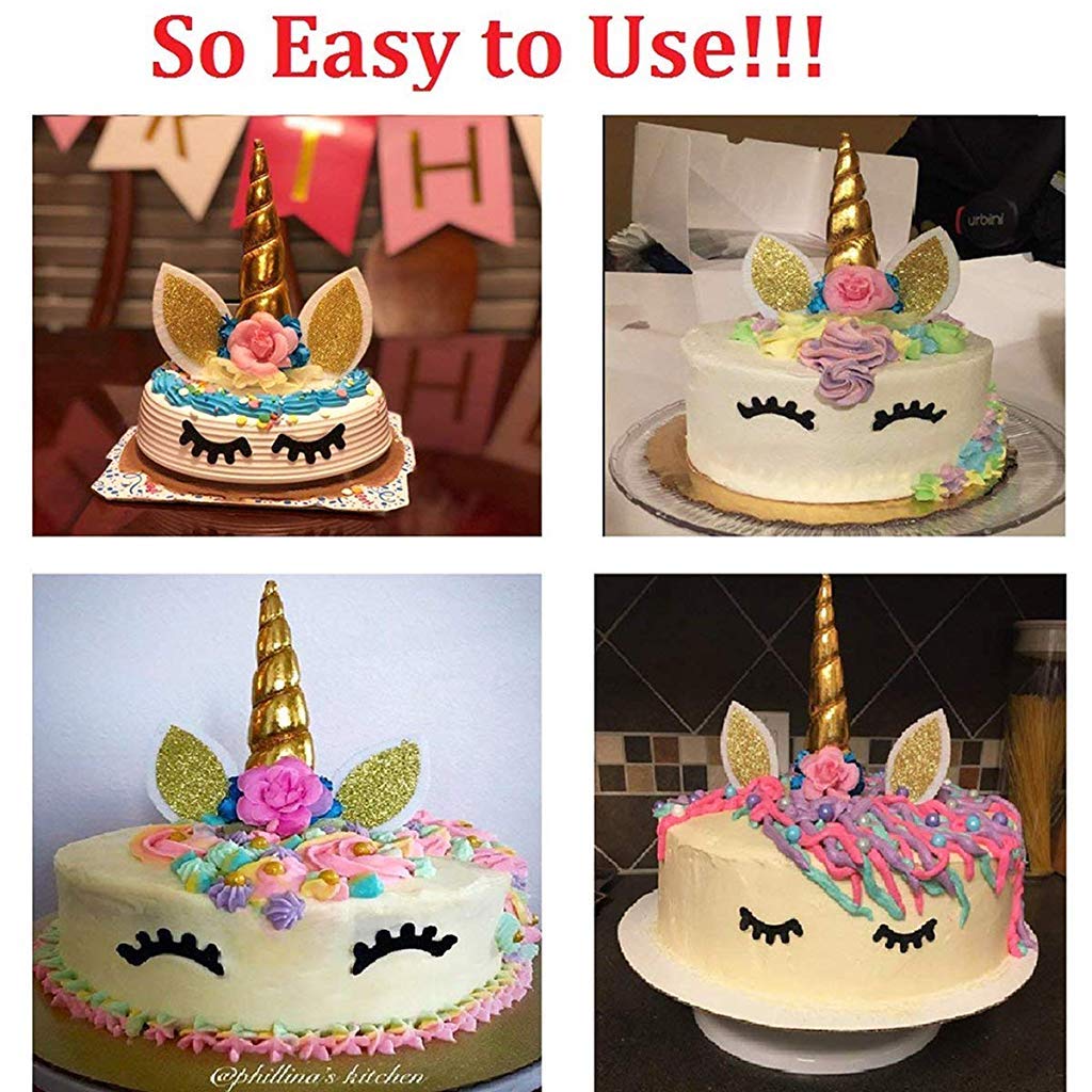 HASTHIP® Handmade Gold Reusable Unicorn Horn Ears Eyelash Set Birthday Cake Topper Decoration 5.8 Inch 2 PCS