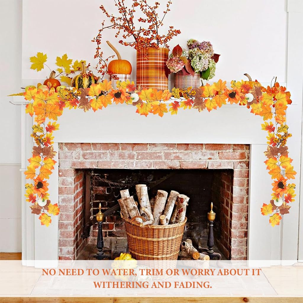 HASTHIP Autumn Maple Leaf Pumpkin Garland for Home Decor with Berries 2M 6.5FT | Fall Thanksgiving and Halloween Decoration