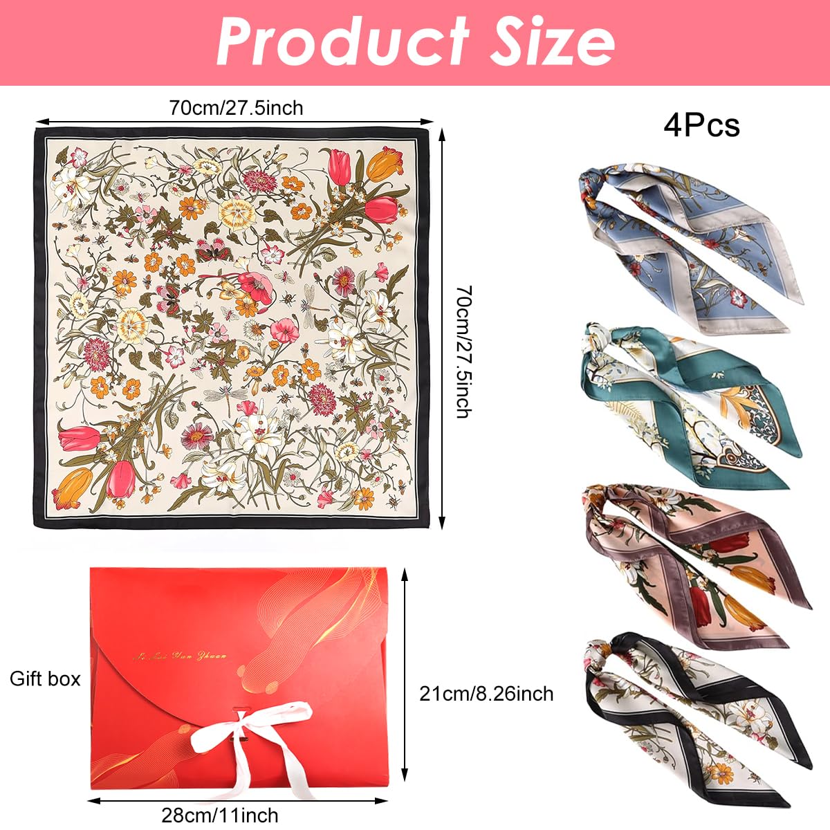 SANNIDHI Hair Scarf for Women featuring 27x27 in Silk-like Satin & Floral Print | Pack of 4
