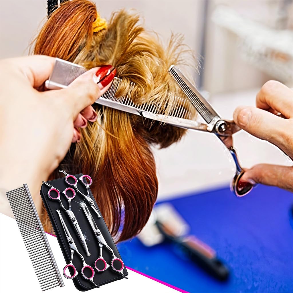 Qpets Dog Grooming Kit 5 Pack for Home Pet Care with 6in Stainless Scissors & Ergonomic Design
