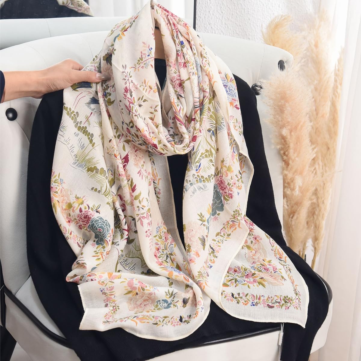 SANNIDHI Long Scarf Shawl for Women featuring 85x180cm size with cotton linen blend | floral wrap gift