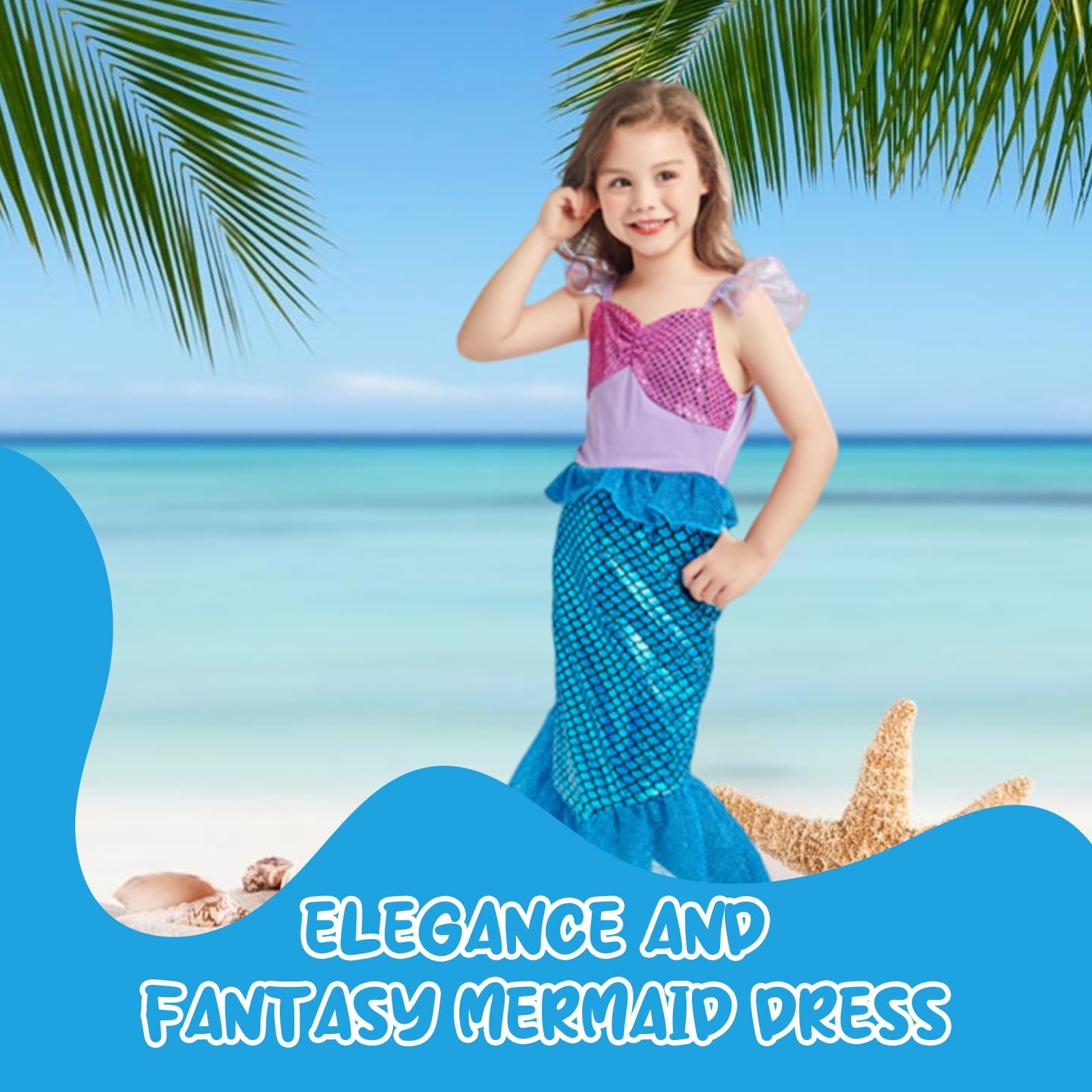 PATPAT Mermaid Dress for Girls with Jewelry Set and Lace Tail 85cm Length | Navy Purple 5-6 Years