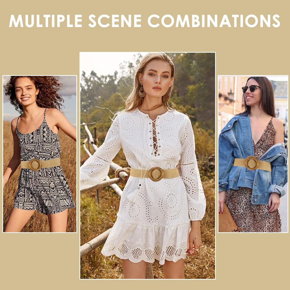 SANNIDHI Belt for Women featuring 37 in Adjustable Fit with Wooden Ring Buckle | Beige Woven Rattan Boho Waist Accessory