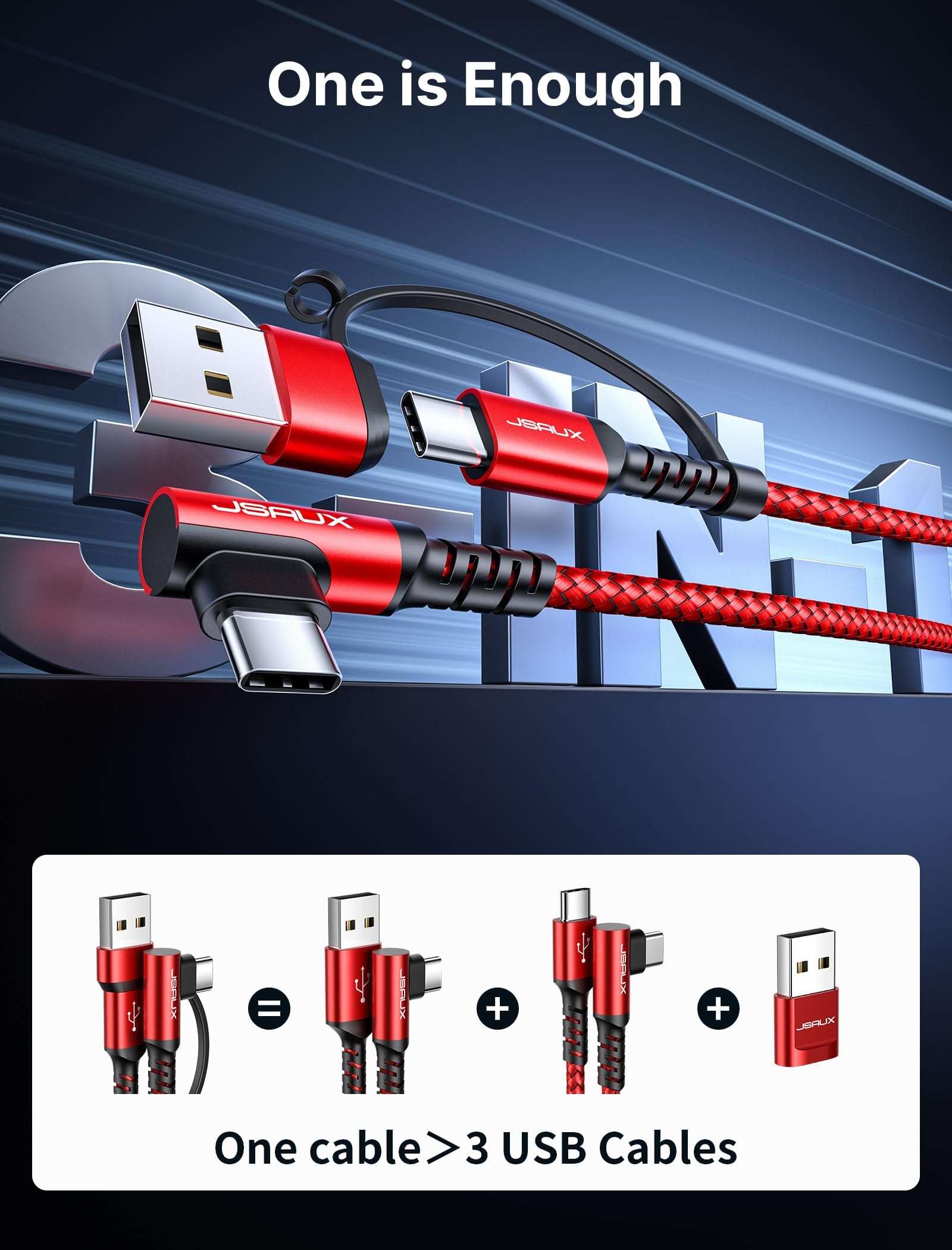 JSAUX USB C Cable for Fast Charging 10FT 100W with Right Angle Connector | Nylon Braided