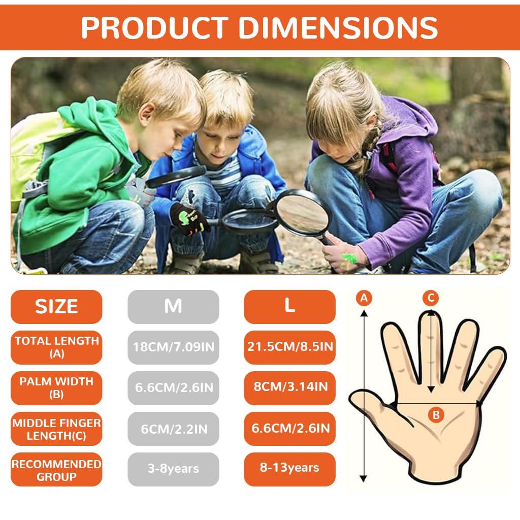 PROBEROS Child Winter Riding Gloves for Outdoor Sports with Reflective Dino Pattern | Windproof Splashproof Coral Fleece Thermal Liner